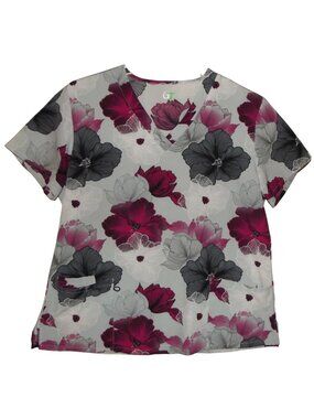 Green Town Scrub Top Womens Size XL Gray Floral v-neck 3-pocket polyester